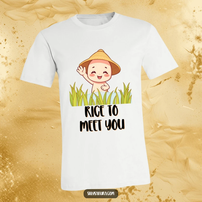 Funny t-shirt: a smiling character wearing a straw hat waves happily from a lush rice paddy, celebrating nature.