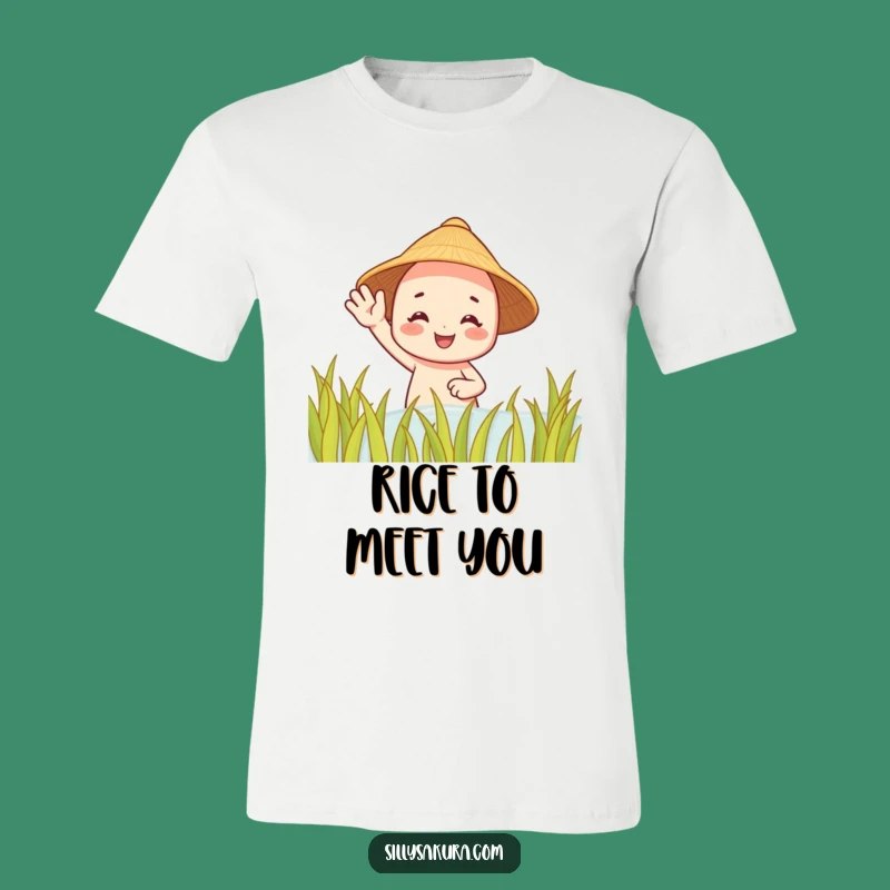 Funny Rice Paddy Character T-Shirt - Cheerful Waving Tee