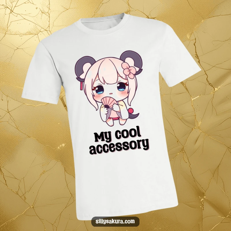 Funny t-shirt showcasing a shy character with a cute blush, offering a small fan, ideal for subtle humor.