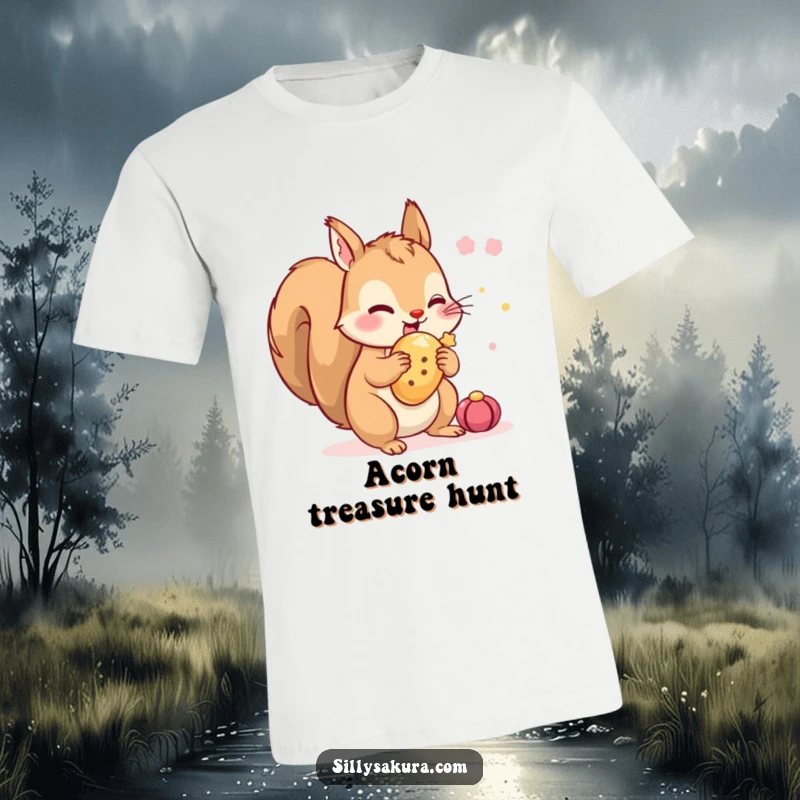 Funny Squirrel T-Shirt: A tiny squirrel character excitedly hiding a festival treat, showcasing playful hoarding and festive fun.