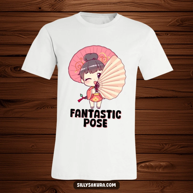 Funny T-Shirt: A character comically attempts to pose with a large decorative fan, showcasing a moment of humorous struggle.