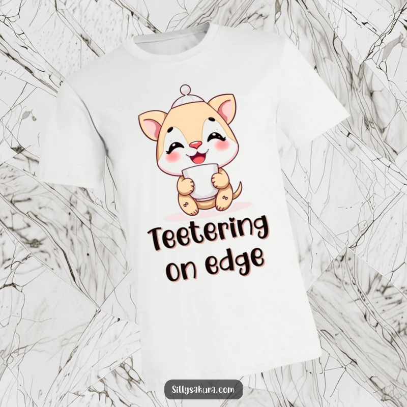 Funny smiling character precariously balancing a teacup on its nose, printed on a comfortable tee for witty style.