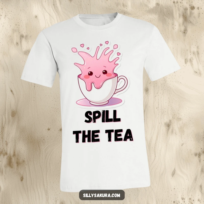 Funny t-shirt showing a smiling teacup character happily overflowing with a vibrant, colorful liquid, symbolizing joy.