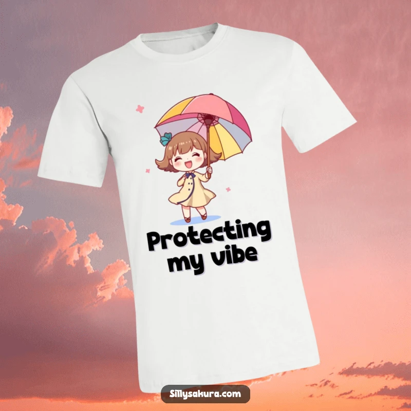 Funny twirling character t-shirt, a delightful illustration of a cute being happily spinning a vibrant, multi-colored parasol.