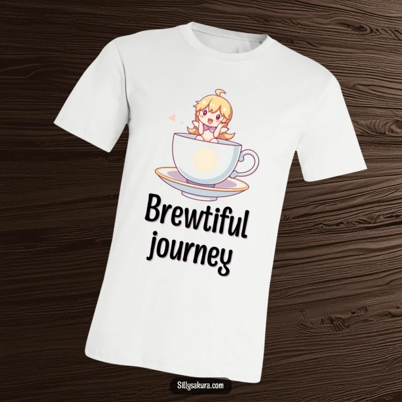 Funny T-Shirt with a character joyfully riding a whimsical, floating teacup, symbolizing adventure and fantasy, a delightful humorous gift.