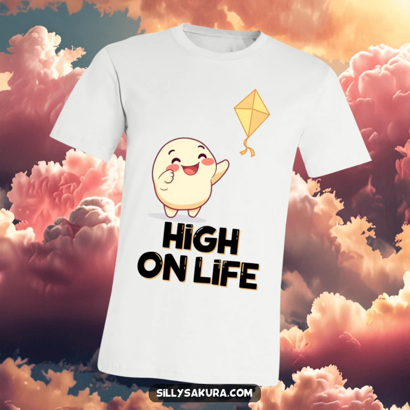 Funny t-shirt showcasing a grinning character pointing excitedly at a whimsical, dancing paper kite, symbolizing joy and playful exploration.