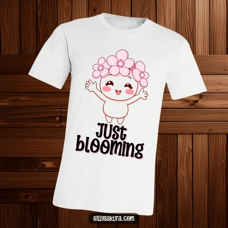Funny cherry blossom t-shirt with a smiling flower character and tiny arms waving, ideal for spring lovers and those who enjoy uplifting apparel.
