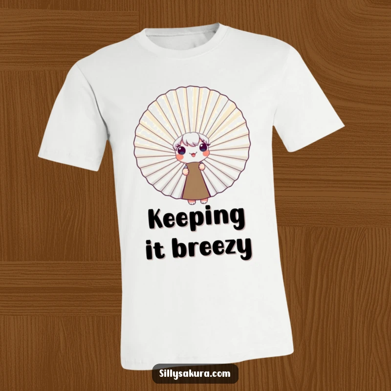 Funny T-Shirt featuring a cute character adorably peeking from behind a giant, smiling fan, conveying playful shyness and humor, a great gift.