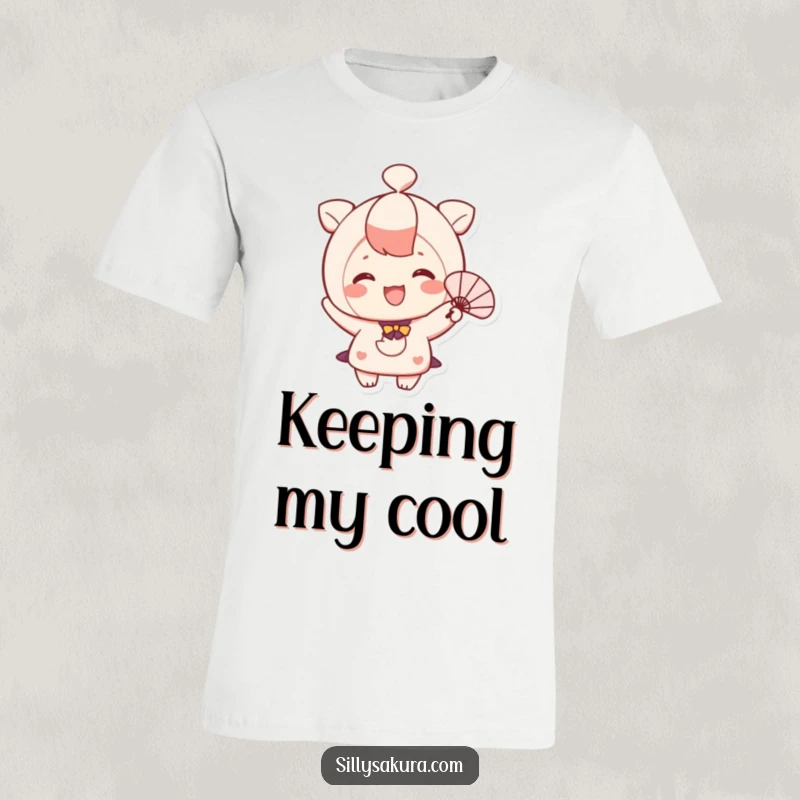 Funny t-shirt featuring a cute, smiling character happily fanning themselves with a small fan.