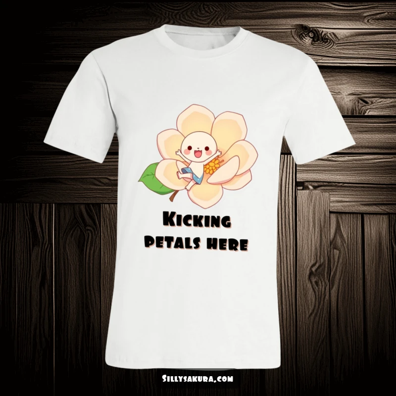 Funny cute kawaii character joyfully kicking a large, stylized blossom, printed on a comfortable tee for vibrant style.