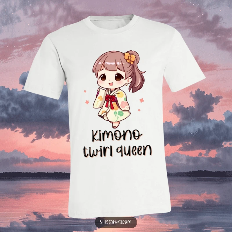 Funny T-Shirt: A character joyfully twirls in a playful kimono, full of festive spirit and movement.