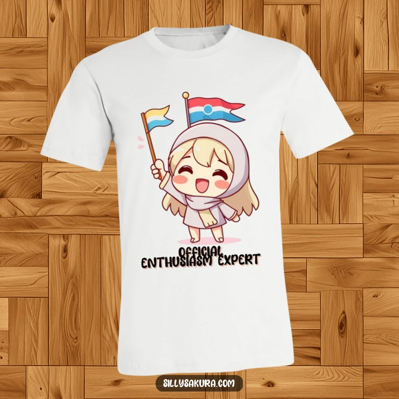 Funny t-shirt showcasing a delighted character energetically waving a small, vibrant flag, symbolizing excitement and happy celebrations, a must-have for humor lovers.