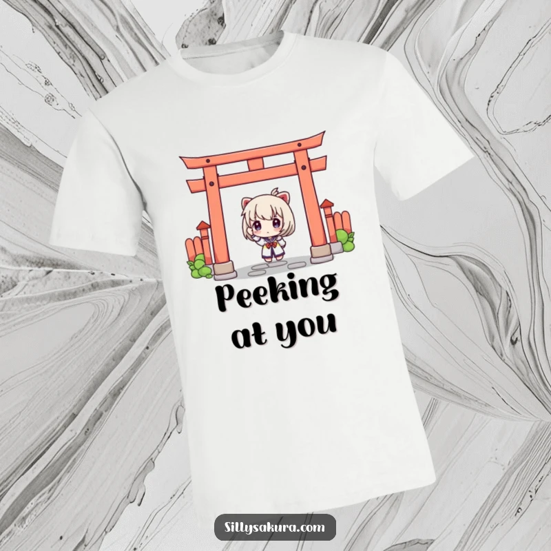 Funny t-shirt depicting a character with a curious expression peeking out from behind a vibrant red torii gate, inviting intrigue.