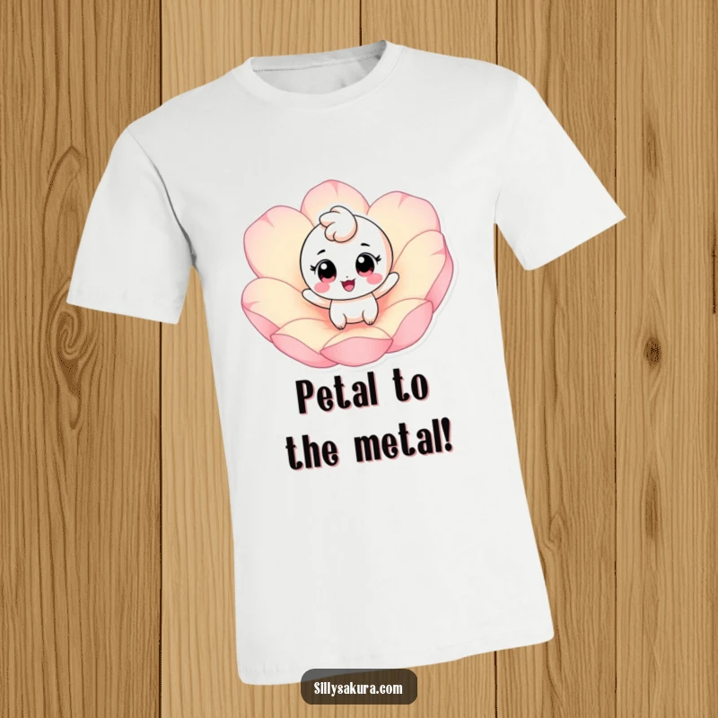 Funny t-shirt with a cheerful character, big eyes, bouncing on a giant pink petal; a design full of vibrant energy.