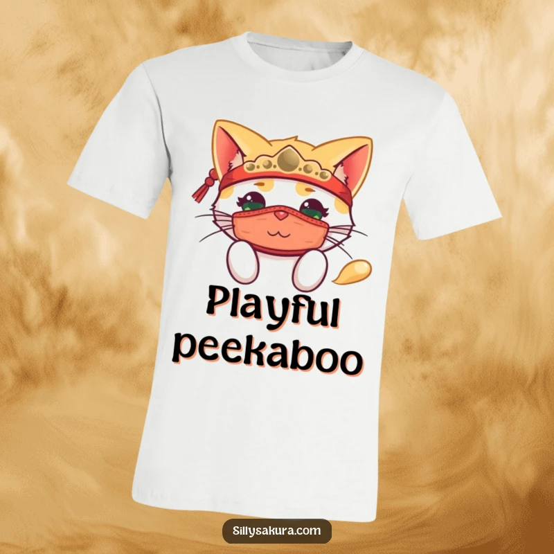 Funny t-shirt with a happy cat character wearing a traditional mask and peeking out with a playful, curious expression.