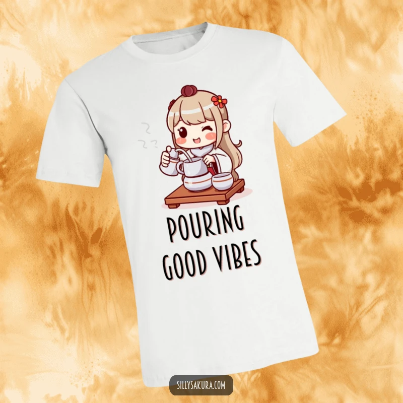 Funny T-shirt depicting a cheerful character performing a tea ceremony, pouring tea with a genuine and friendly smile.