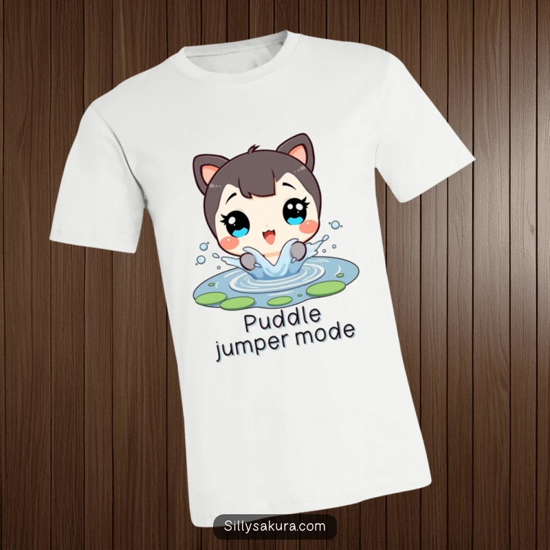 Funny T-Shirt: Character with wide, delighted eyes joyfully splashing in a small pond, radiating carefree happiness.
