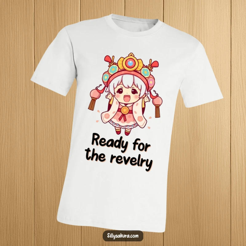 Funny Festival Kawaii T-Shirt with a cute character excitedly dressed in detailed, elaborate festival attire, looking festive.