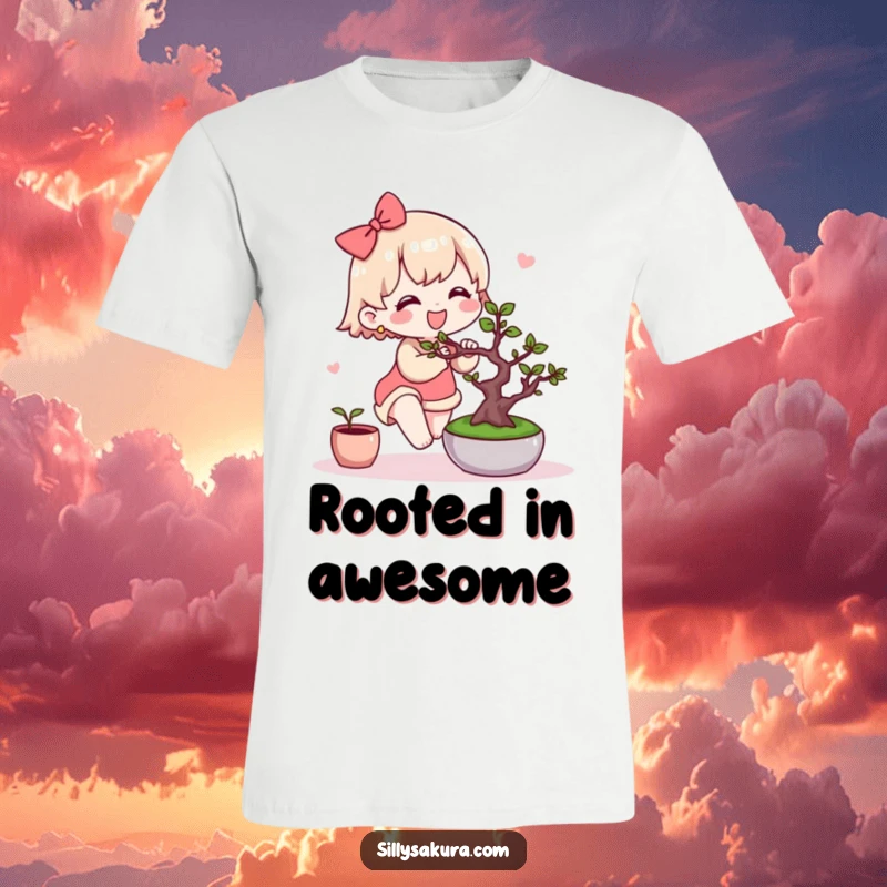 Funny Kawaii T-Shirt. A cute character joyfully tends to a miniature bonsai tree, embodying care and cuteness.