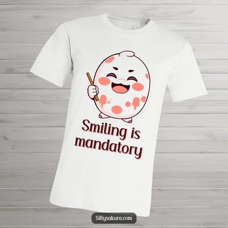 Funny Daruma T-Shirt featuring a character doll actively painting a cheerful smile onto its own features.