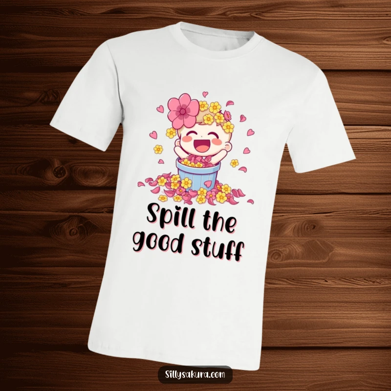 Funny t-shirt with a laughing character spilling a bucket of bright flower petals, showcasing vibrant, joyful energy.
