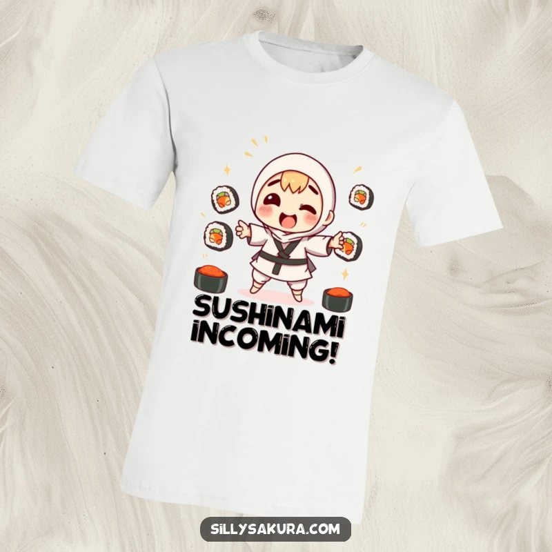 Funny t-shirt featuring a cartoon character comically attempting to juggle sushi rolls with a surprised expression, spilling rice.