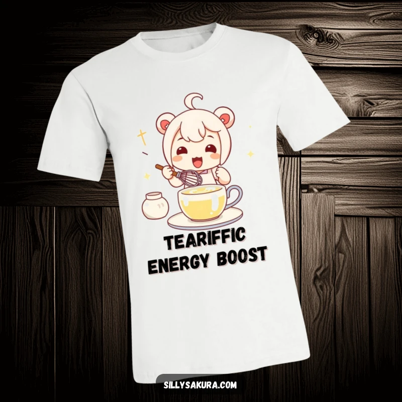 Funny Kawaii Tea Whisk T-Shirt with a cute character energetically whisking tea, capturing a moment of preparation.