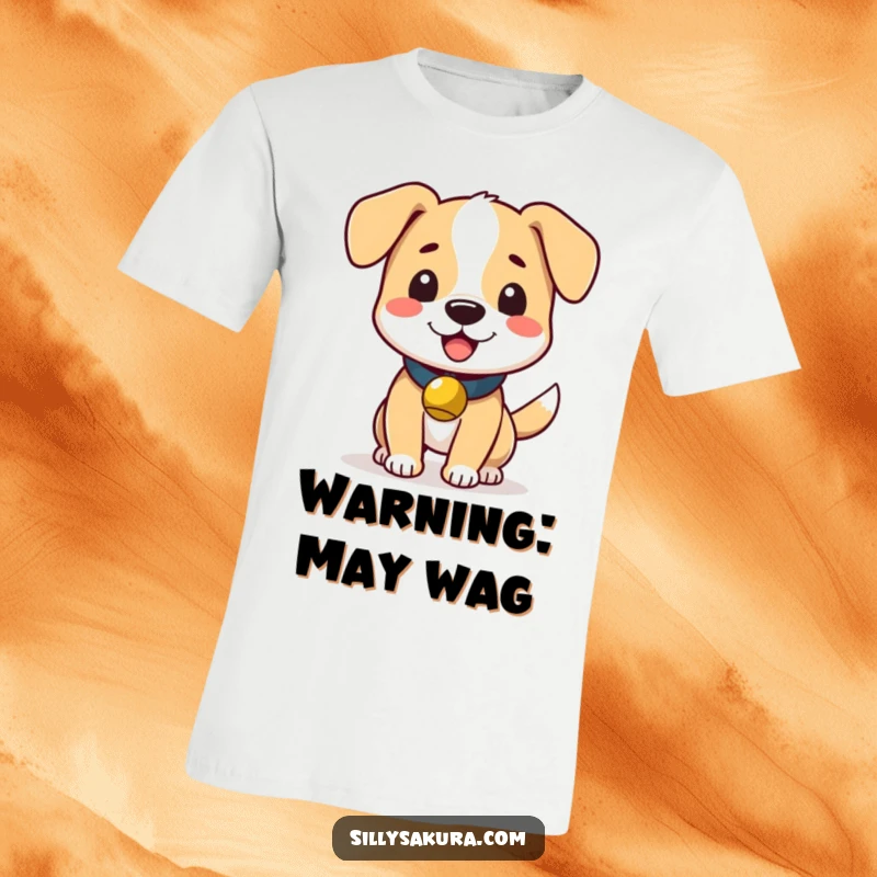 Funny t-shirt featuring a cute dog wearing a small bell and displaying an enthusiastic, vigorous tail wag.