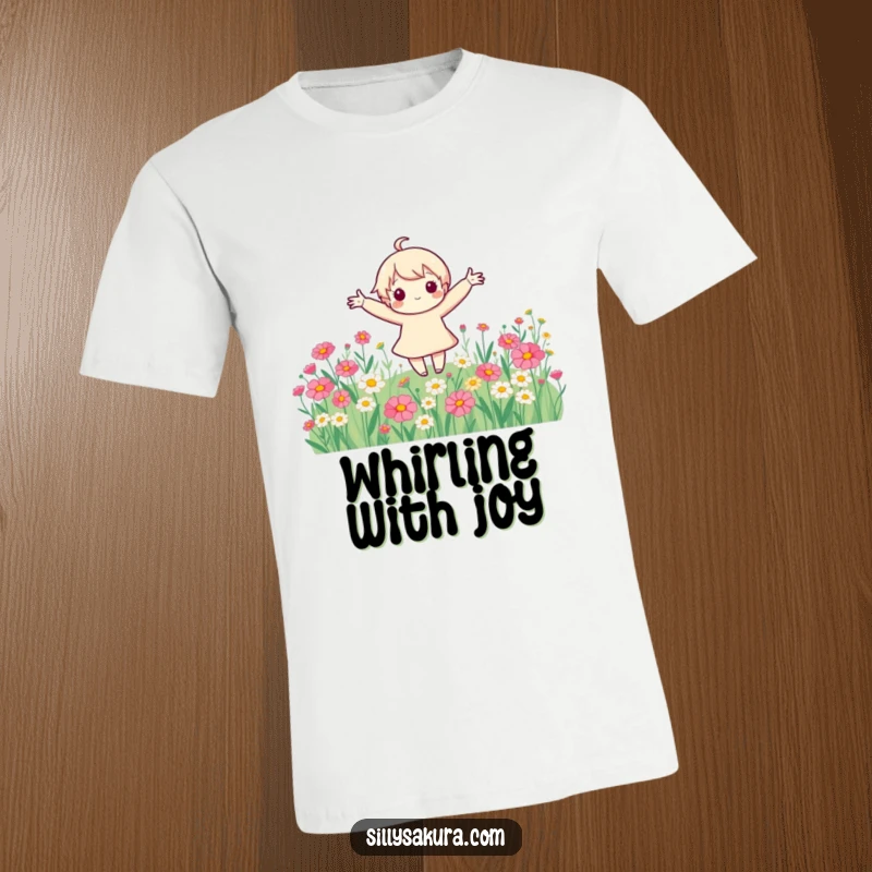 Funny cute character with arms spread wide, spinning happily in a lush field of flowers, printed on a comfortable tee.