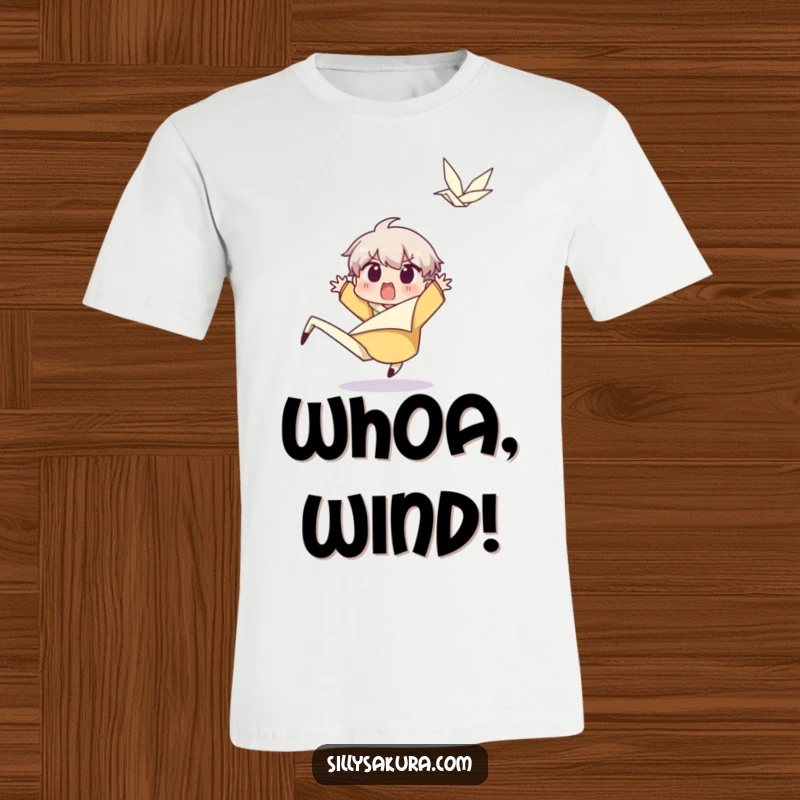 Funny Character T-Shirt: A surprised character recoils from a happy gust of wind, showing a moment of amusing shock.