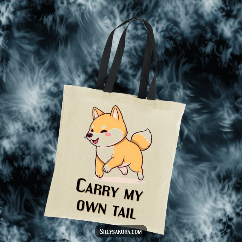 Funny Shiba Inu Tote Bag: A playful Shiba Inu character chasing its wagging tail, ready for errands and carrying goodies with glee.