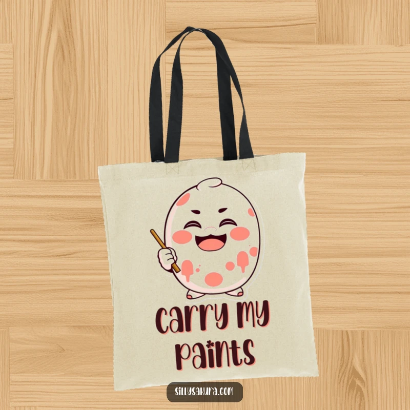 Funny Daruma Tote Bag with a character doll enthusiastically painting a smile, ideal for everyday use.