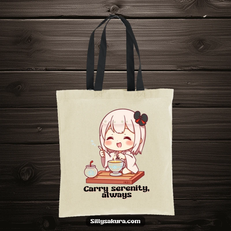 Funny Kawaii Tote Bag. A cute character joyfully participates in a tea ceremony, perfect for carrying essentials with charm.