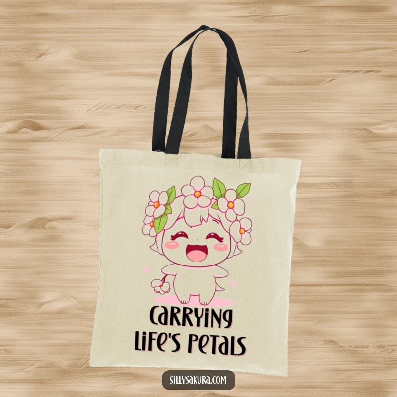 Funny tote bag displaying a stylized cherry blossom character with a wide, beaming smile, promoting eco-friendly style and cheer.