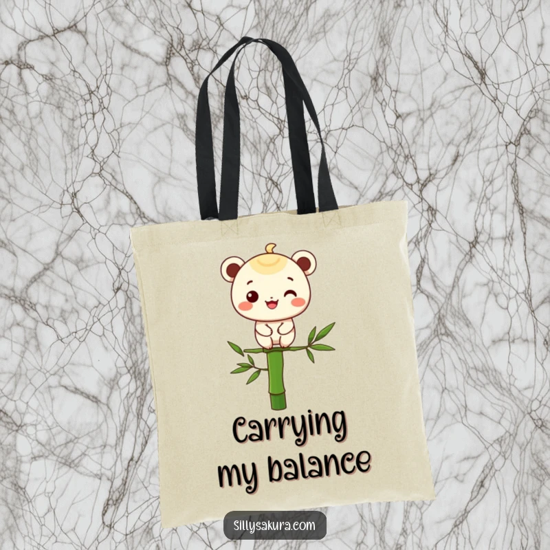 Funny tote bag featuring a character with a cheerful grin balancing on a bamboo stalk, ideal for everyday use.