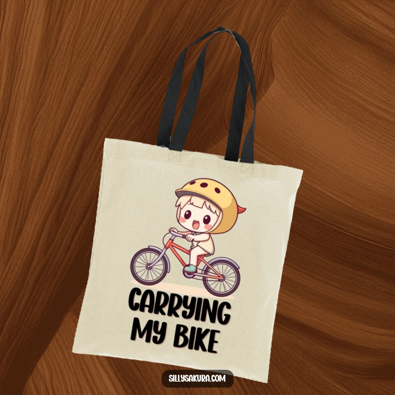 Funny Tote Bag: An energetic character on a small bicycle, bringing a cheerful vibe to your daily carry.