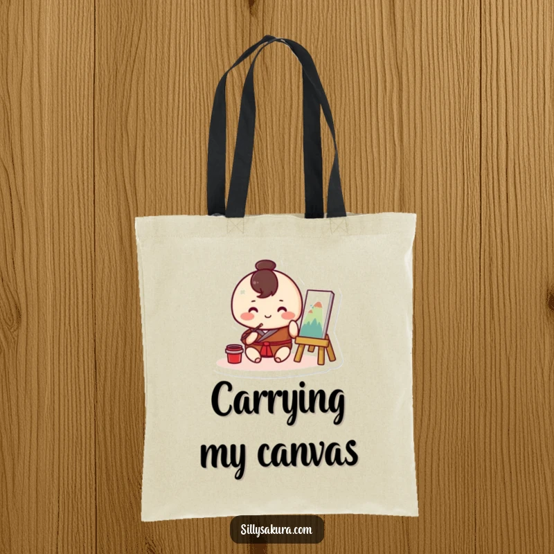 Funny Kawaii tote bag featuring a round character happily painting traditional art, designed for artists on the go.