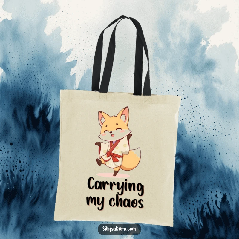 Funny tote bag depicting a spirited fox in a kimono in the middle of a cartwheel, perfect for shopping.