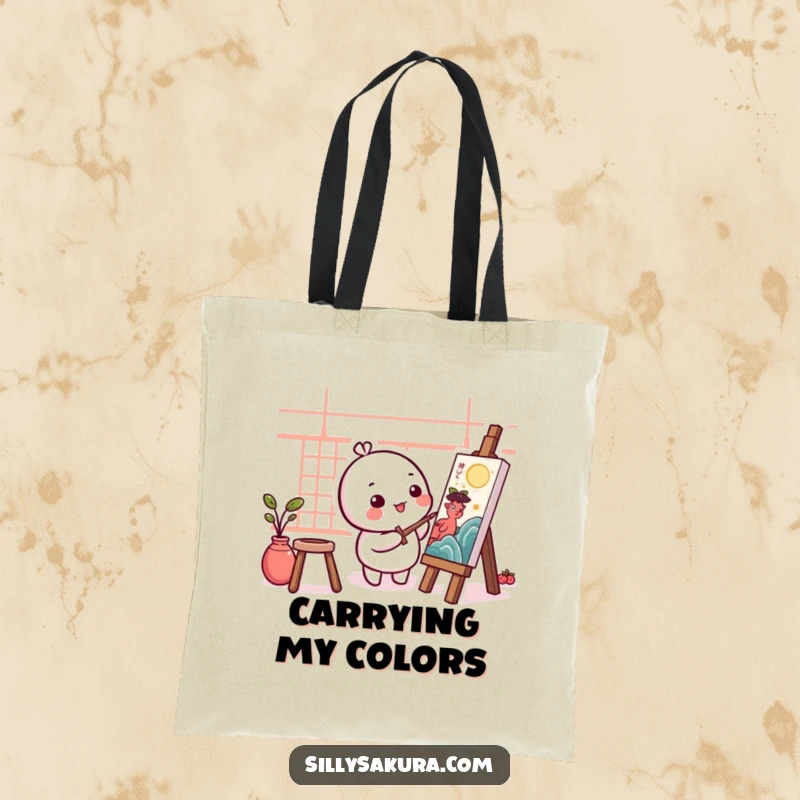 Funny Kawaii Artist Tote Bag with a cute, round character joyfully painting traditional artwork, ready for art class.