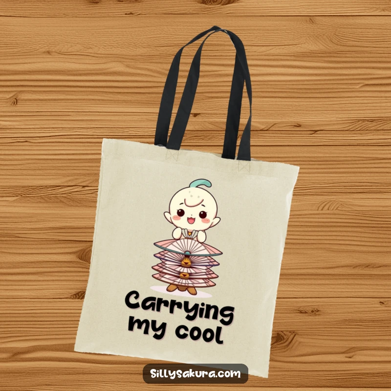 Funny tote bag with a happy character balancing decorative fans, perfect for carrying essentials with playful elegance.