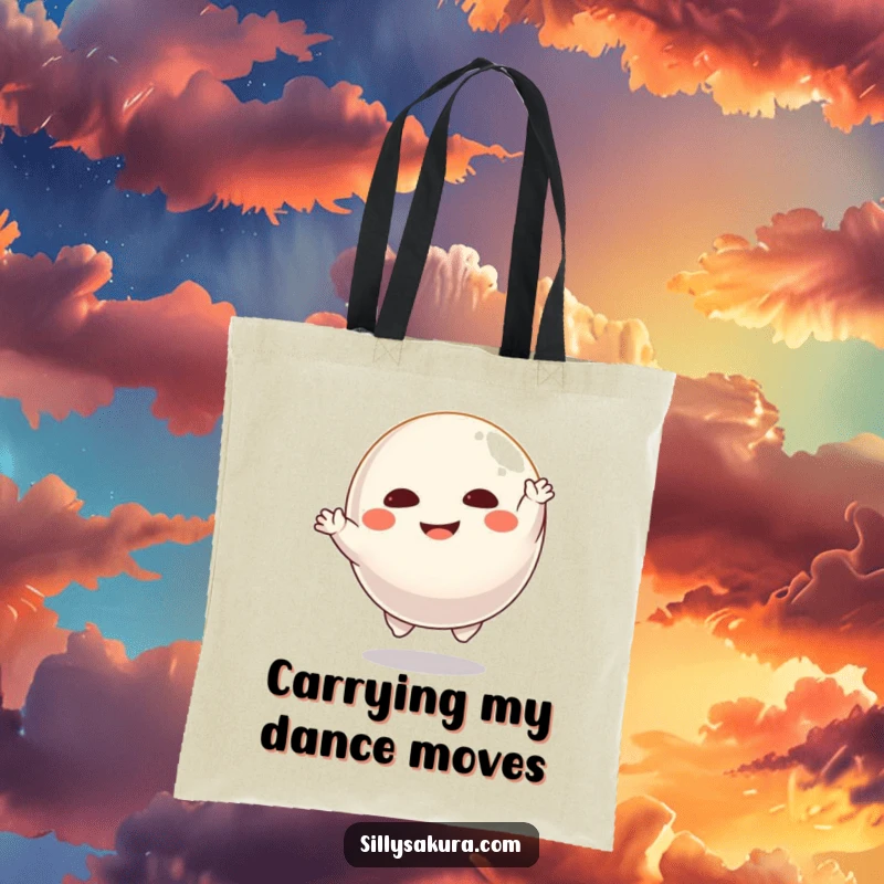 Funny Daruma tote bag with a floating character joyfully dancing, perfect for carrying belongings with a sense of fun.