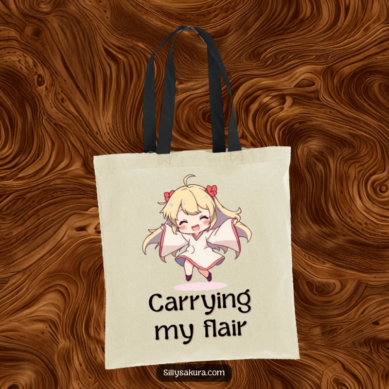 Funny tote bag illustrating a character's exuberance while dancing, with sleeves creating a whimsical, flowing visual effect.