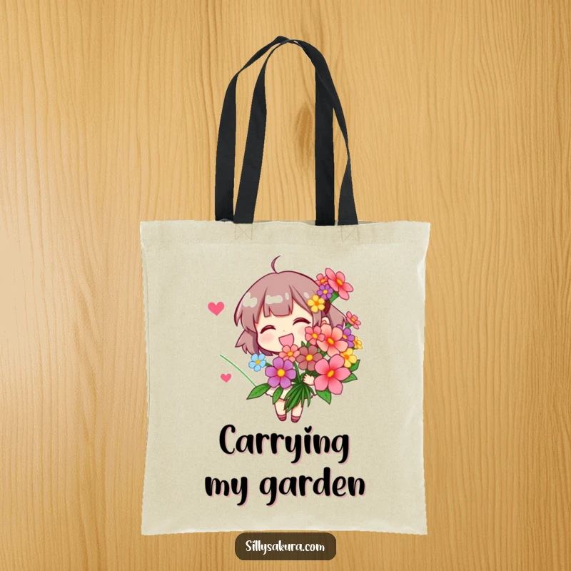 Funny Tote Bag: A character joyfully holding a plentiful bouquet of bright, stylized flowers, ideal for everyday use.