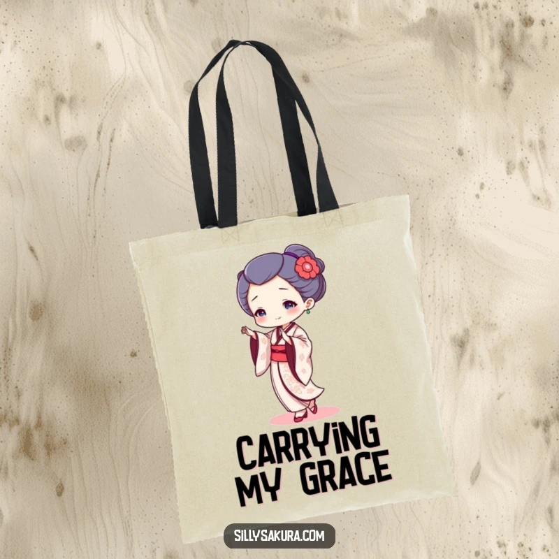 Funny geisha dancer tote bag with a charming tiny character in a fluid dance pose, ideal for carrying humor.