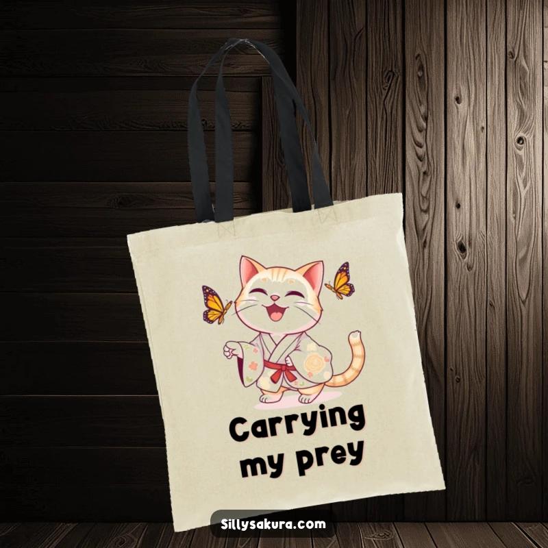 Funny delighted cat wearing a floral kimono, playfully chasing a butterfly on a stylish tote bag.