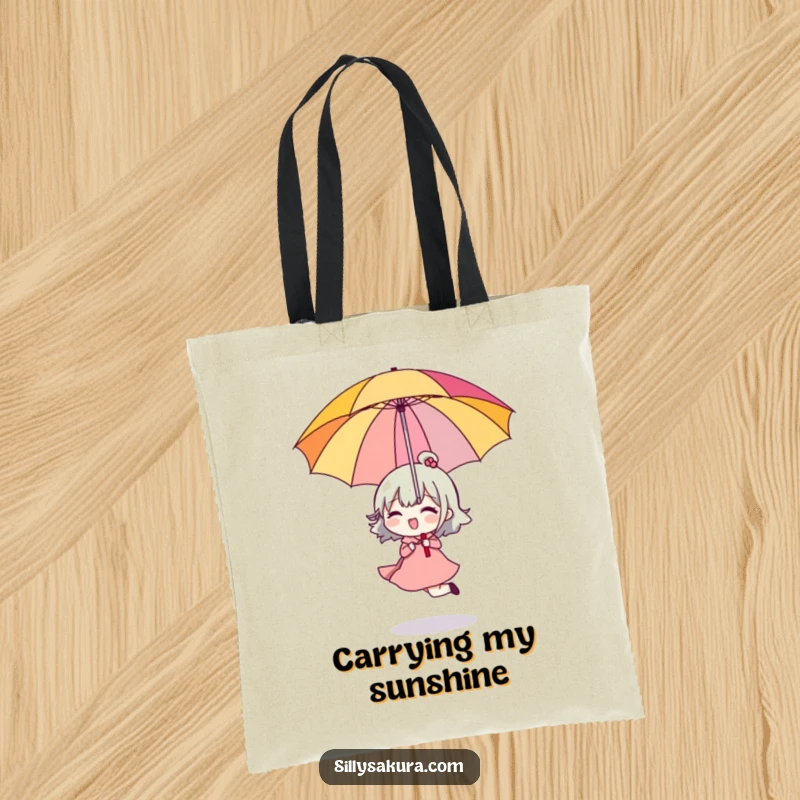 Funny Tote Bag with a character happily skipping, holding a bright umbrella upside down, a humorous accessory.
