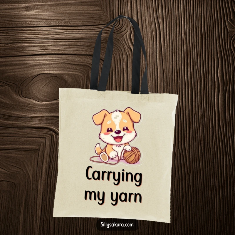 Funny Tote Bag featuring a cute dog character joyfully playing with a yarn ball, perfect for carrying knitting supplies or dog toys.