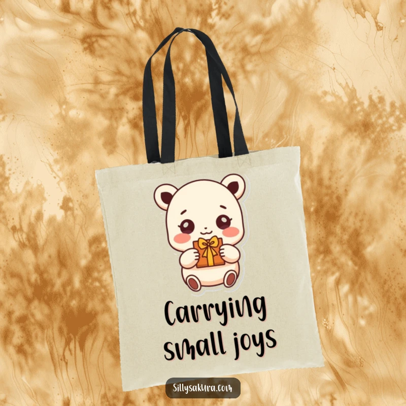 Funny tote bag with a small character whose eyes beam with joy, offering a handmade gift, perfect for carrying kindness.