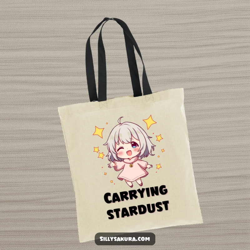 Funny Tote Bag showcasing a character energetically juggling sparkling stars, perfect for carrying items with a magical and humorous flair.