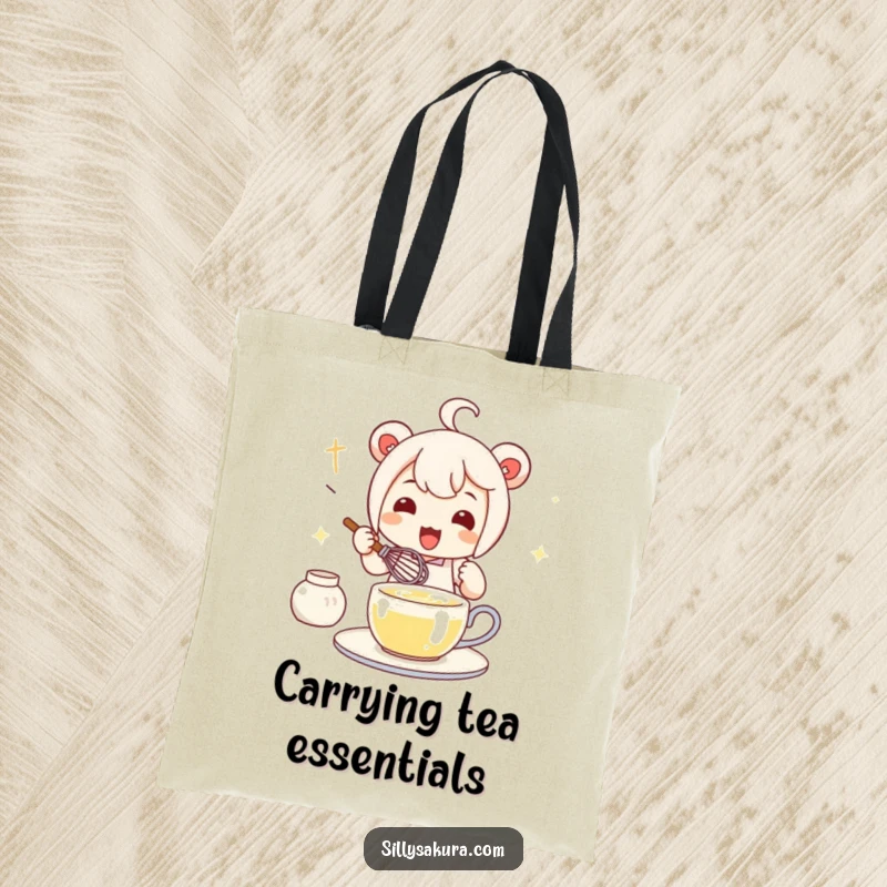 Funny Kawaii Tea Whisk Tote Bag with a cute character enthusiastically whisking tea, ready for a tea party.